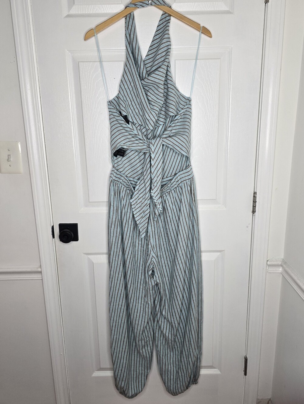 ZARA Gray Pinstripe Draped Cowl Halter Harem Leg Jumpsuit Size M - Picture 9 of 9